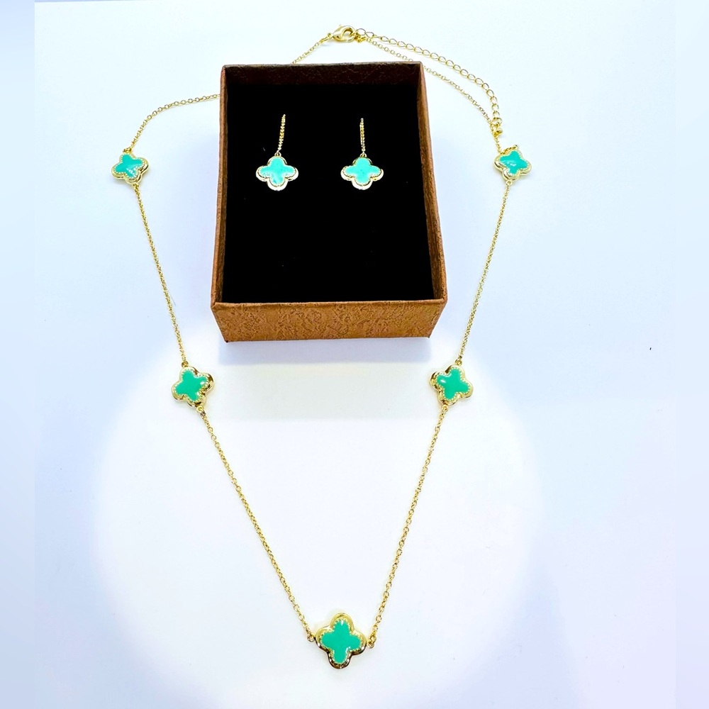 Turquoise enamel clover earrings and necklace